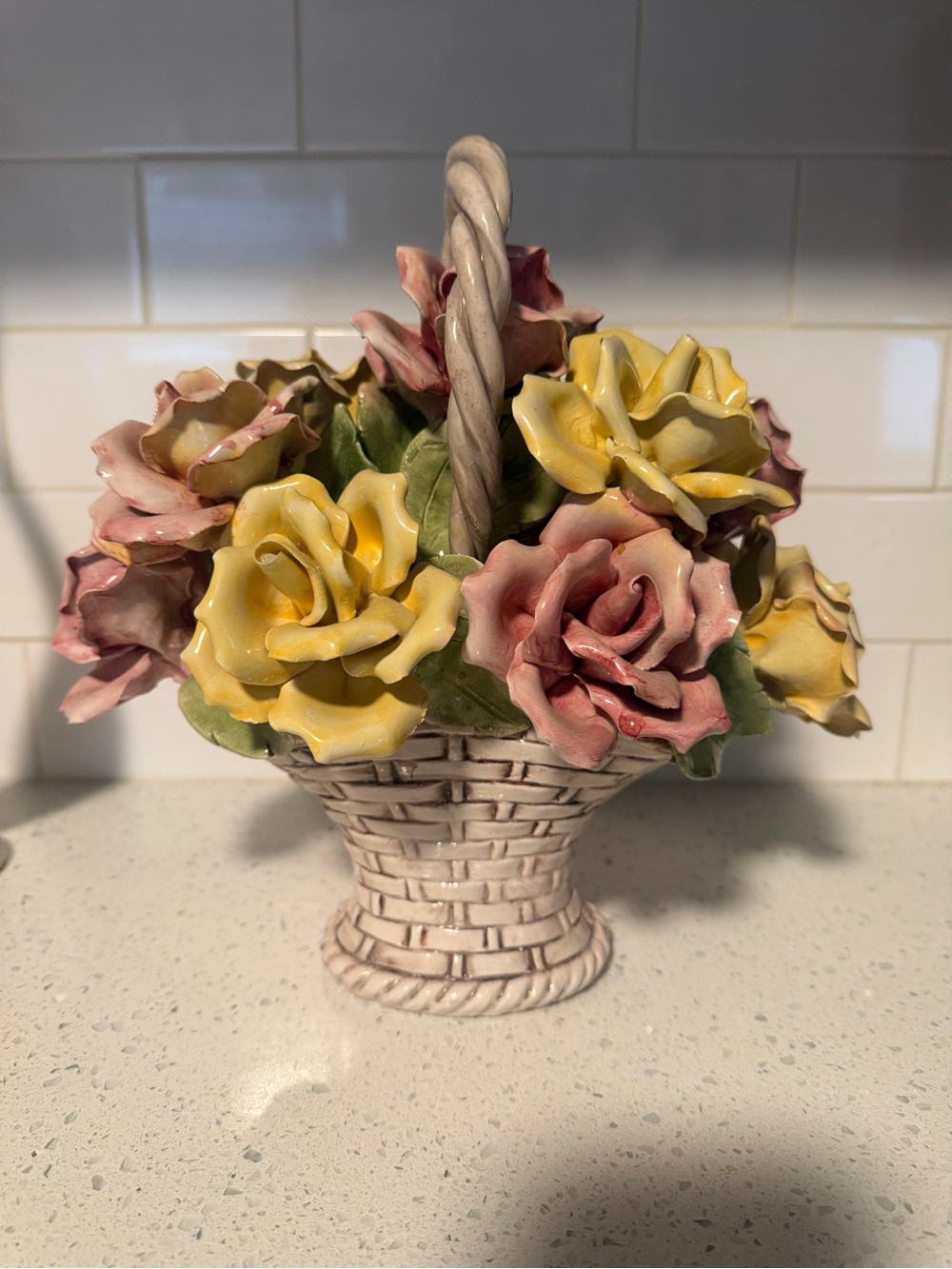 Decorative Ceramic Flower Basket with Pink and Yellow Roses